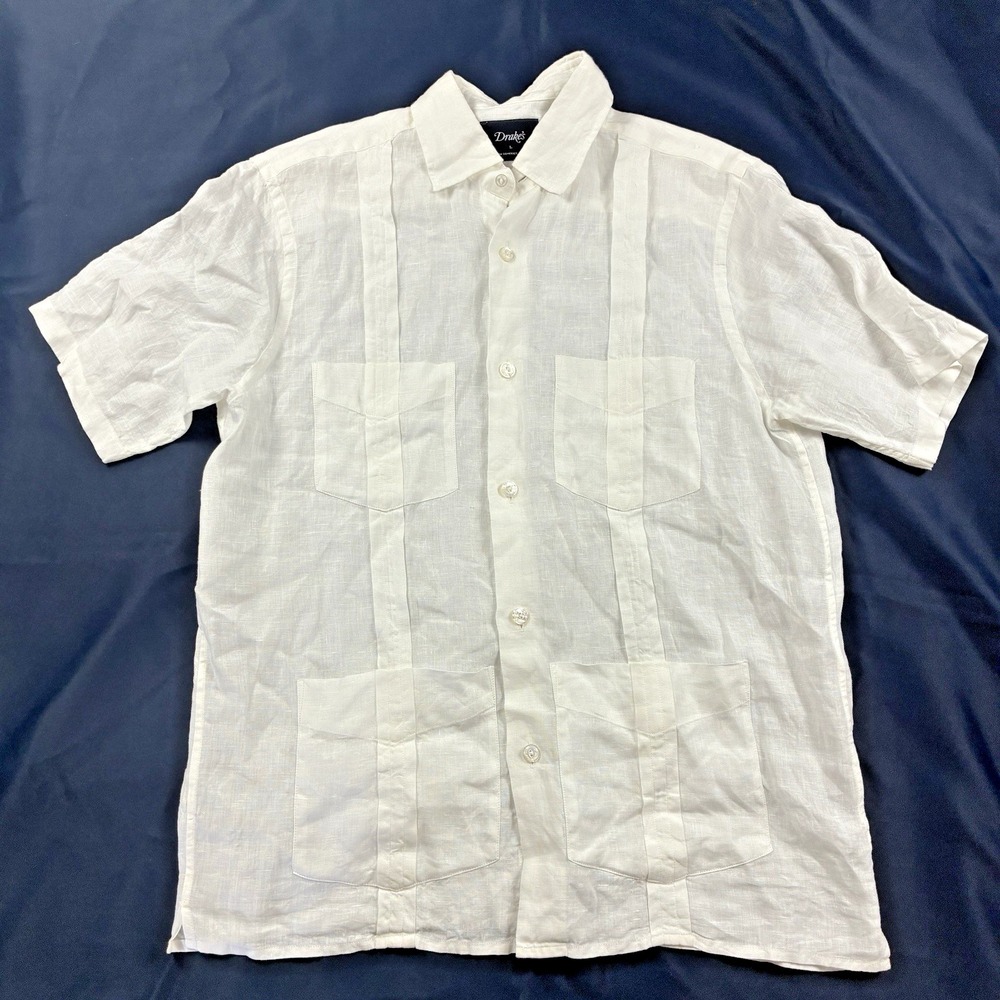 Drakes London Linen Guayabera White Ivory Off-White Large Made in England